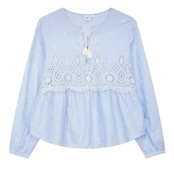 Gap Striped Embroidered Eyelet Tiered Peasant Blouse Tassels Puff Sleeves Sz XS - Picture 2 of 16